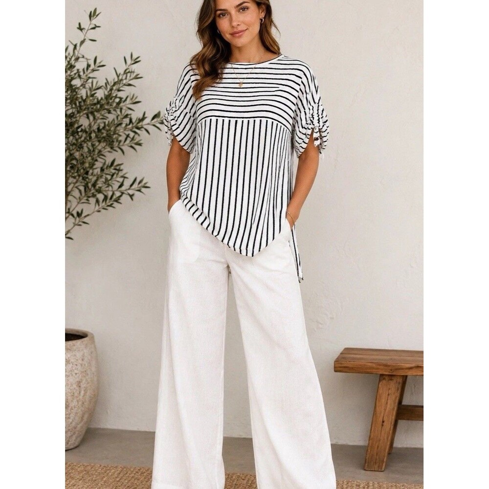 Max Studio Women’s XS Black White Striped Textured Asymmetrical Tunic Top